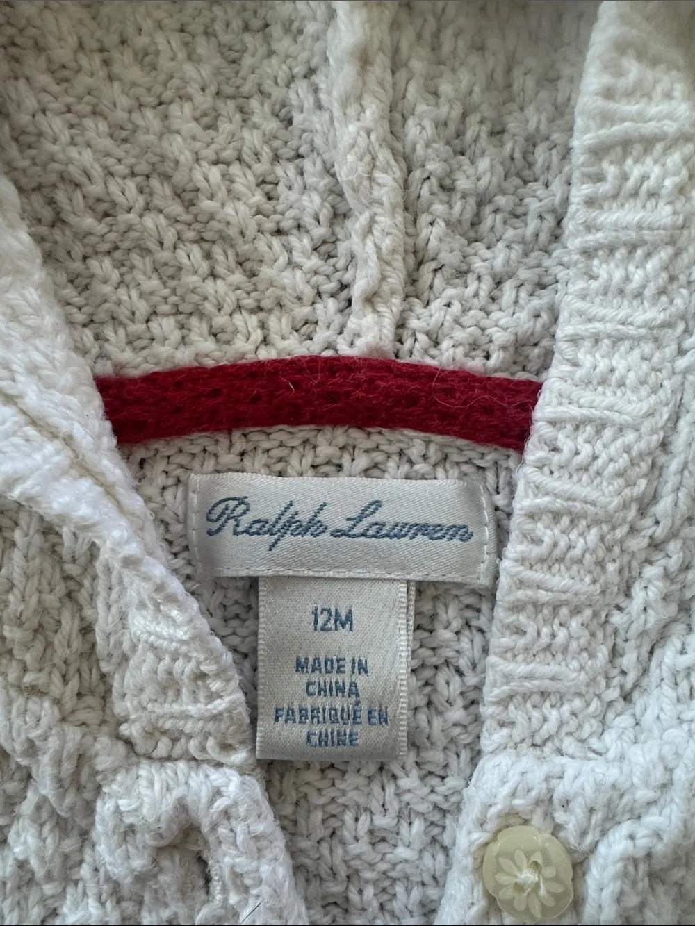 Ralph Lauren Cream Hooded Knit Cardigan with Red Heart & Brown Bear Patch